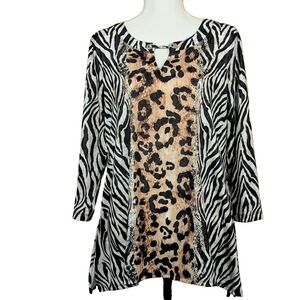 HEARTS OF PALM Women's M Tunic Top Zebra‎ Leopard Animal Print 3/4 Sleeve Flowy